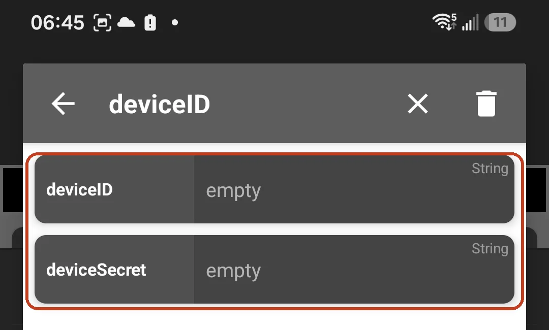 MacroDroid deviceID dictionary variable showing deviceID and deviceSecret entries, circled
