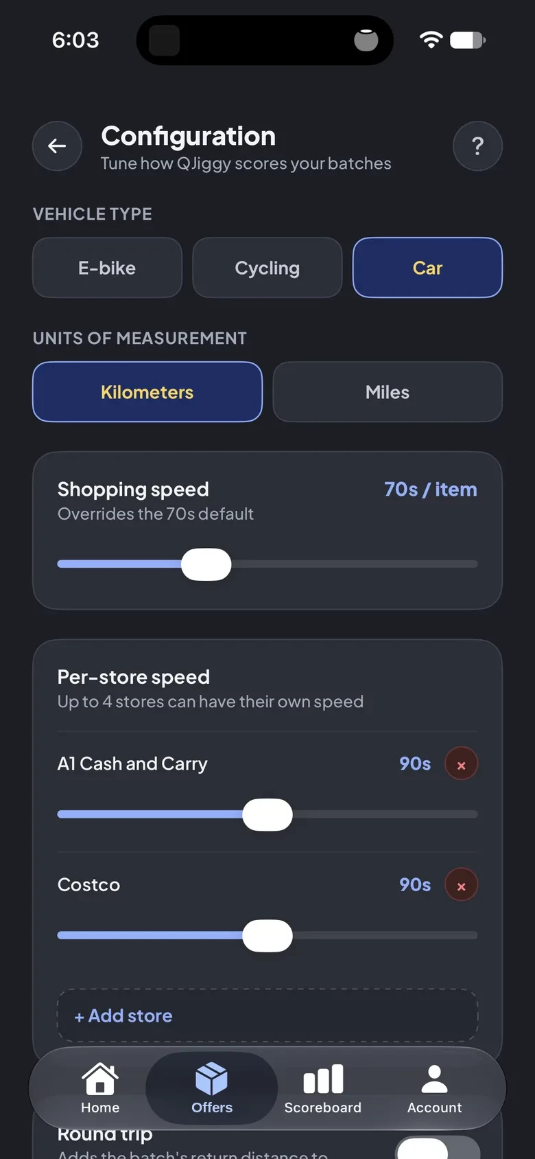 QJiggy Configuration screen: vehicle type, kilometers or miles, shopping speed, and per-store speeds