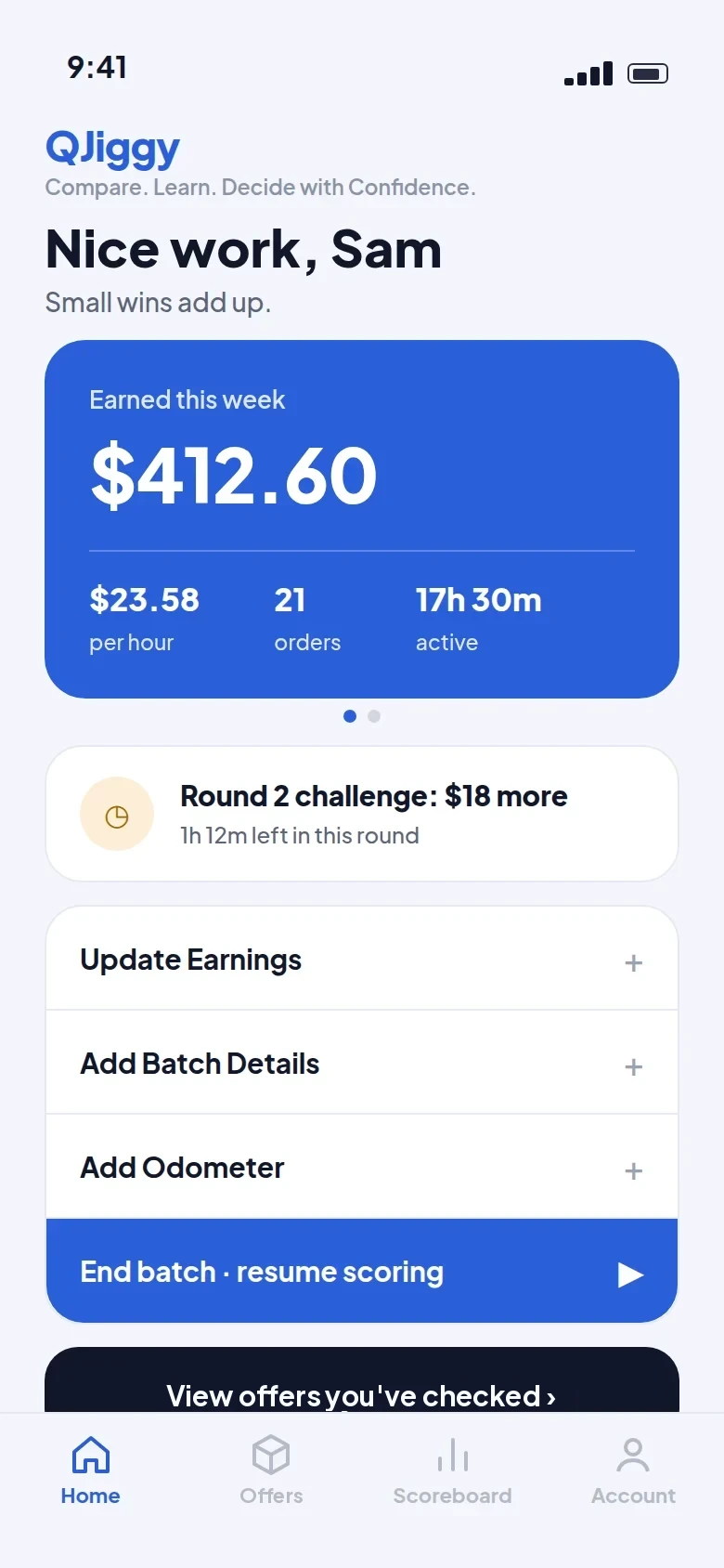 QJiggy Home screen showing $412.60 earned this week, a Round 2 challenge card, and log buttons
