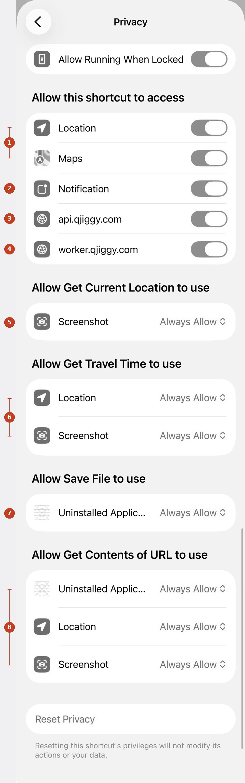 iOS Privacy permissions screen for the QJiggy Shortcut, numbered 1 through 8